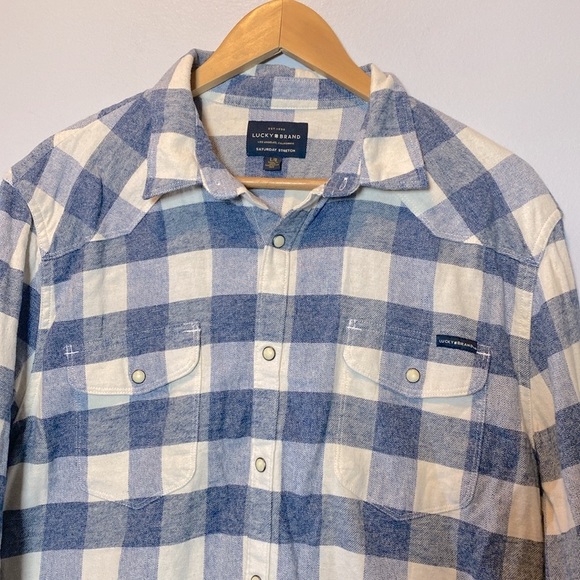 Lucky Brand Pearl Snap Shirt Men's Large Blue Check Western Collared Flannel - Picture 3 of 14